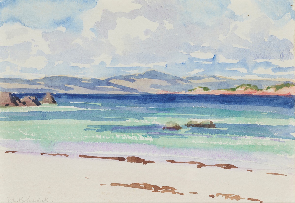 LOT 137 | FRANCIS CAMPBELL BOILEAU CADELL R.S.A., R.S.W. (SCOTTISH 1883-1937) | IONA LOOKING TOWARDS MULL Signed, watercolour | 12.5cm x 17.5cm (5in x 7in) | £5,000 - £7,000 + fees